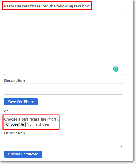 Paste the certificate into the following text box