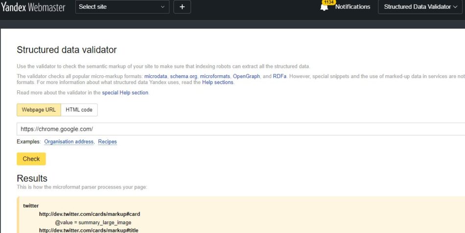 ابزار Yandex webmaster’s structured data validator