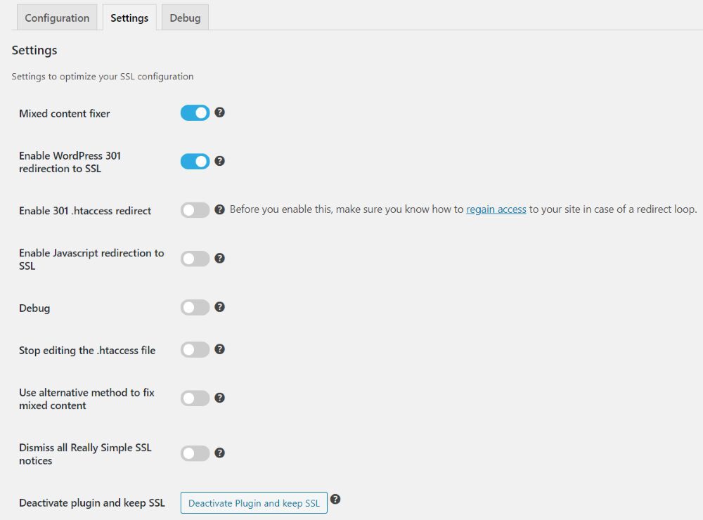 "Mixed content fixer" و "Enable WordPress 301"